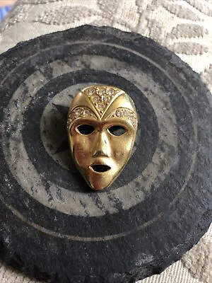 Vintage Face Mask Brooch Pin - Gold Tone Crystals Lapel Pin  • £12.99