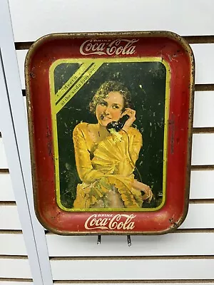 Original 1930 Coca-Cola Coke Soda Serving Tray Girl On Phone Yellow Dress Rare • $96