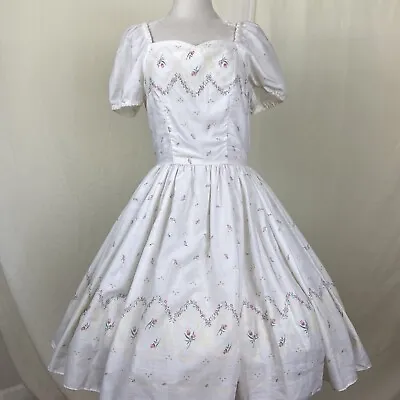 Square Dance Dress White Border Print  Pink Flowers VINTAGE Sz 8-10 • $75