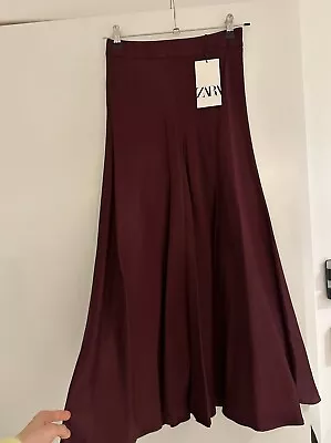 ZARA Satin Midi Skirt In  BURGUNDY RED Size SX. Brand New With Tag • £17