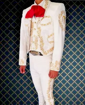 Men 3 Piece Customized White Cotton Embroidered Mariachi Wedding Suits For Him • $1510.92