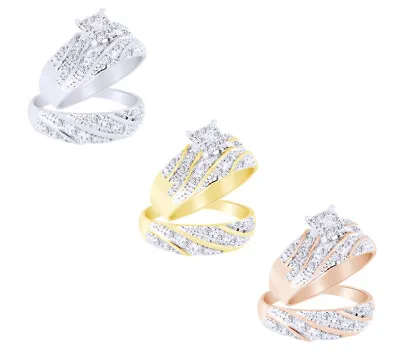 0.27 Ct Round Cut Natural Diamond 10K Gold Trio Set Matching Wedding Band Ring • $1629.90