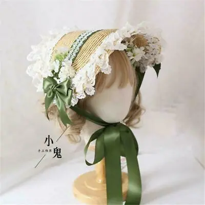 Lolita Girls Lace Straw Bonnet With Bowknot Cute Civil War Straw Hat Copslay • $36.26