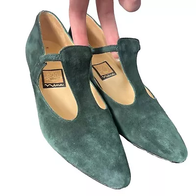 Vintage 70s Does 40s 50s Shoes Heels Mary Janes Green Suede 6M • $25.69