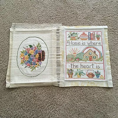 2 Vintage Unframed Hand Embroidered Cross Stitch Pictures Floral Home Heart READ • $30.22