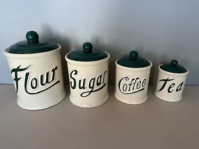 HIMARK Cream & Green Ceramic Canisters Flour Sugar Coffee Tea Vintage Set Of 4 • $39.95