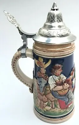 Vintage Miniature German Beer Stein With Metal Lid Musician Hunter Gun Dancing  • $22.95