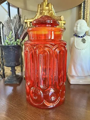 Vintage LE Smith Moon And Stars Red Amberina Glass Apothecary Jar Canister Tall • $42