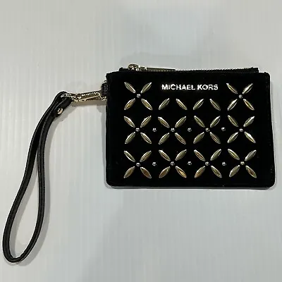 Michael Kors Black Sueded Wristlet Passcase ID Wallet Gold Metallic Accents • $34.99