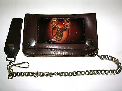 Wallet Brown Leather USA Biker Hunter Trucker W/ Chain Buck Deer Snaps Zipper • $17.95