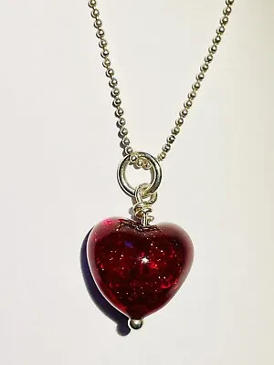 NEW John Lewis MURANO Ruby Red Glass Heart Pendant Sterling Silver Necklace • £30