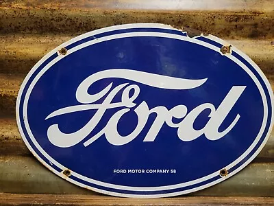 Vintage 1958 Ford Porcelain Sign Auto Parts Dealer Sales Service Dealership Oval • $187.46