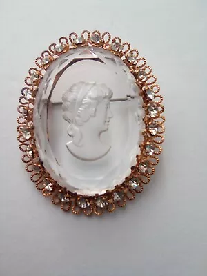 Vintage Glass Intaglio Gold Painted Tone Cameo Reverse Carved Brooch Rhinestone • $12