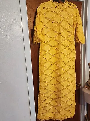 RARE VTG Yellow Heart Lace Kaftan ORNATE Church Robe Dress Muumuu 60S 70s Zipper • $99.99