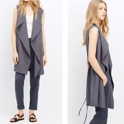 VINCE Womens Size S Draped Crepe Vest Sleveless Long Jacket Gray Pockets Cotton • $42