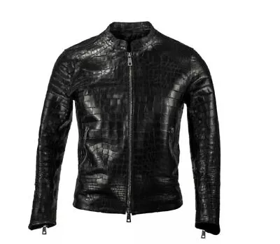 Men Real Leather Crocodile Emboss Jacket Biker Motorcycle Black Alligator Jacket • $144.49