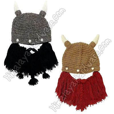 Knit Wool Viking Beard Hat: Adjustable Removable Mask Horns Mustache Pirate Red • $19.99