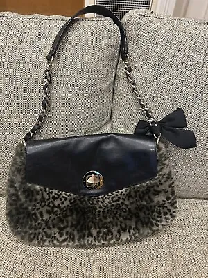 Kate Spade Faux Fur Leather Trim Bow Large Bag Handbag Chain Strap EUC • $30