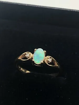 Vintage Solid 10k Yellow Gold Opal Ring With Diamond Accents Size 6 Dainty • $175