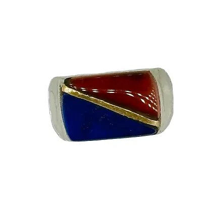 Vintage Sterling Silver Lapis Lazuli Carnelian Inlay Signet Ring Size 8.75 Sign • $50