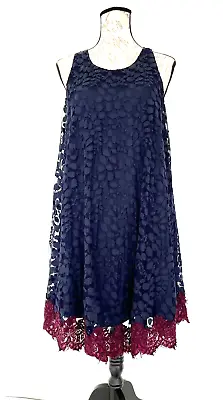 MAX STUDIO Womens Blue Lace Overlay Dress Burgundy Trim Sleeveless Swing Lined S • $17.99