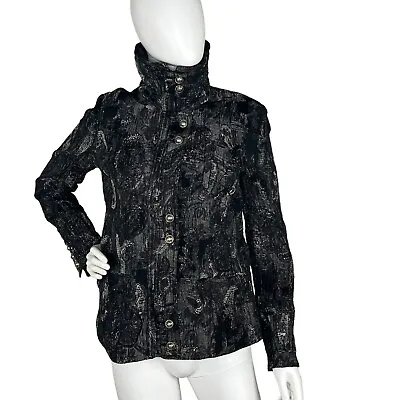 1980s Vtg Coat Womens Size 10 Glam Jacquard Statement Jacket Purple Silver Blk • $33.99