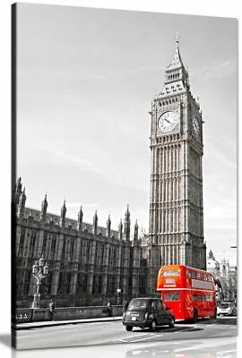 Big Ben London Bus Black White Red Home Canvas Wall Art Picture Print • £34.99