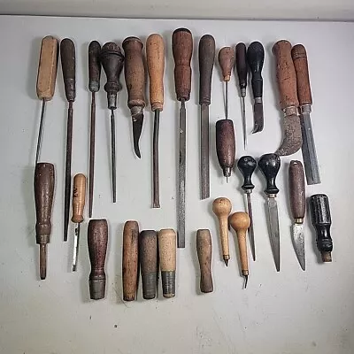 Vintage Wood Handled Tool Lot Socket Handles Files Screwdrivers Carving & More • $27.50