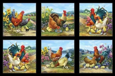 24  X 44  Panel Chickens Farm Roosters Animals Joyful Fabric Panel D370.66 • $8.63