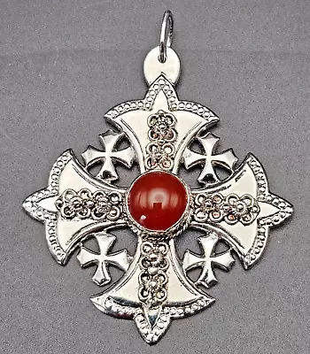 Vintage Jerusalem 900 Silver & Carnelian Maltese Cross Pendant • $47.34