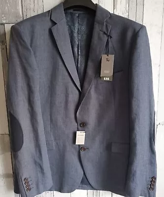 TU Suit Jacket Mens Size 44R Tailored Fit Blue Linen Smart/Casual Elbow Patch • £32.99