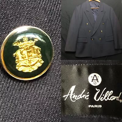 Andre Villard Paris Blazer Crest Buttons Double Breasted 42S *Real 44 In No Vent • $47.99