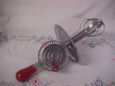 Vintage Retro Merry Whirl Egg Food Beater Mixer Stainless Red Handles & Shield • £12.54