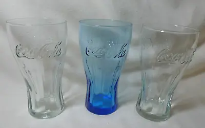 Retro McDonalds 6 In. Coca Cola Coke Glass ~ 16 Oz. ~ Set Of 3 ~ Blue Clear • $14.99