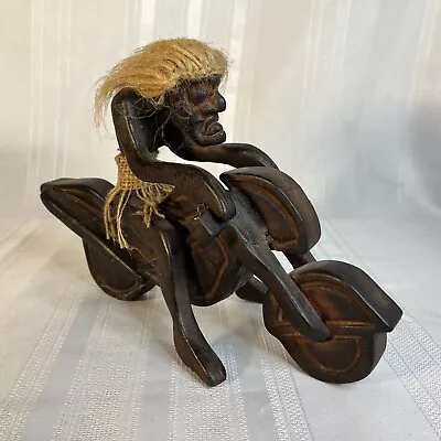 Primitive Tiki Java Tribal Men On Motorcycle Hand Carved Wooden Sculpture • $25.19