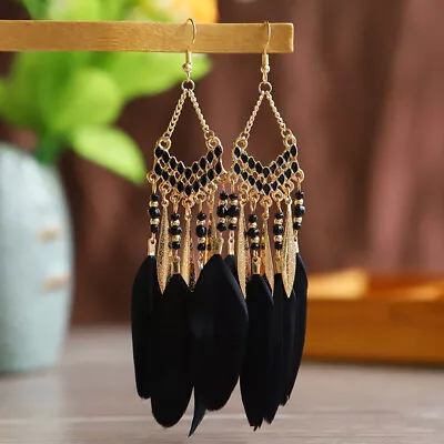 Ethnic Style Women Earrings Polychrome Feather Vintage Alloy Pendant Gift • $2.91