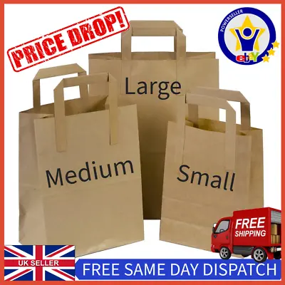 Paper Bags With Handle  Brown SOS Bags Kraft Food Carrier Bags Party Takeaway • £21.99