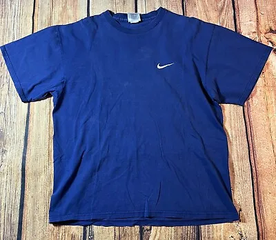 Vintage 90s Nike Made In USA Blue Embroidered Swoosh Logo T-Shirt Tee Sz Large • $19.99