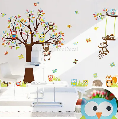 £9.75 • Buy Owls Monkey Tree Wall Sticker Jungle Safari Animal Kids Decal Baby Nursery Decor