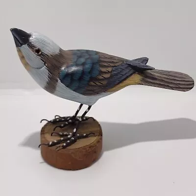 Vintage Folk Art Hand Carved/Painted Wood Jay Bird With Wire Legs Glass Eyes • $29.99