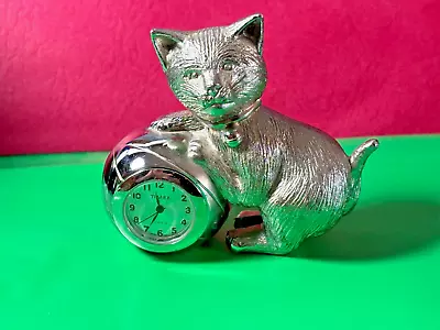 Vintage Timex Collectible Miniature Pewter Cat Desk Clock Needs Battery • $9