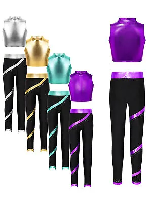 Kids Girls Suit Workout Outfit Ice Skating Tights Set Shiny Tops Dancewear Gym • £6.99