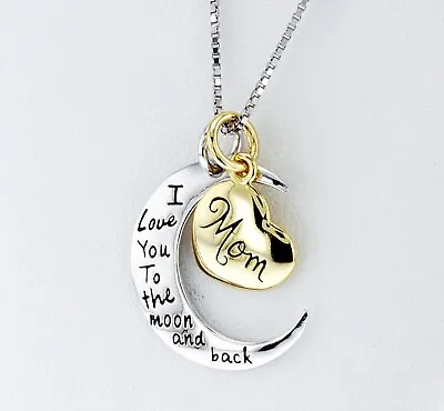 Mom I Love You To The Moon And Back Gold & Silver Heart Necklace Christmas Gift • £3.49