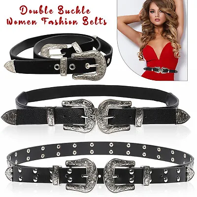 £5.49 • Buy Womens Double Buckle Thick Quality PU Leather Western Belt Ladies Waist Band