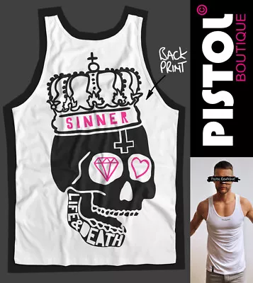 Pistol Boutique Men's White SINNER CROWN SKULL Back Print Vest Top Singlet Tank • £25.19