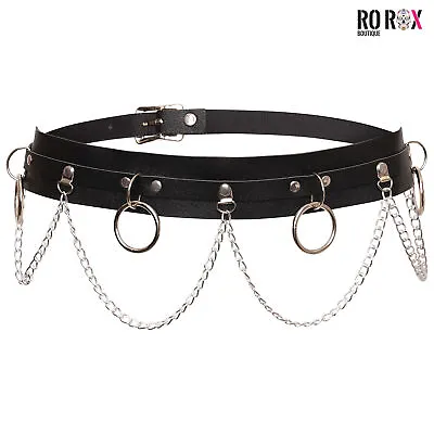 Women's Gothic O-Ring Silver Chain Belt - Ladies Punk Faux Leather Buckle Belts • £7.99