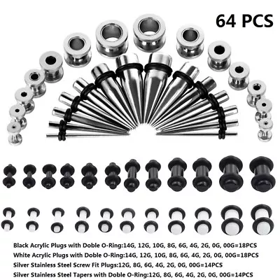 64Pcs Gauges Taper Kit 14G-00G Steel Tunnel Acrylic Plug Ear Stretching Expander • $15.59