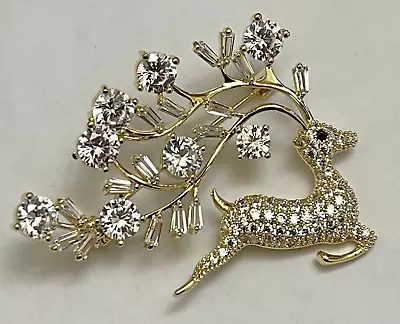 Deer Crystal Rhinestone Brooch Pin Glass Gold Tone Vintage Christmas Reindeer • $17.42