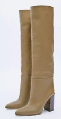 Bnwt Zara Leather Knee High Boots Size Uk 5 Eur 38 £119 • £49.99