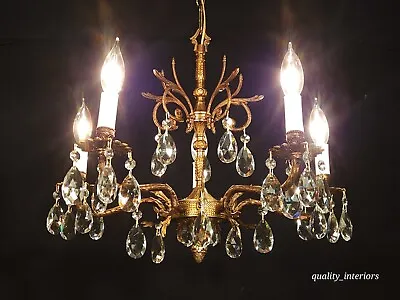 ANTIQUE French 5 Arm 5 Lite Brass SHIMMERING Cut Lead Crystal Chandelier • $550